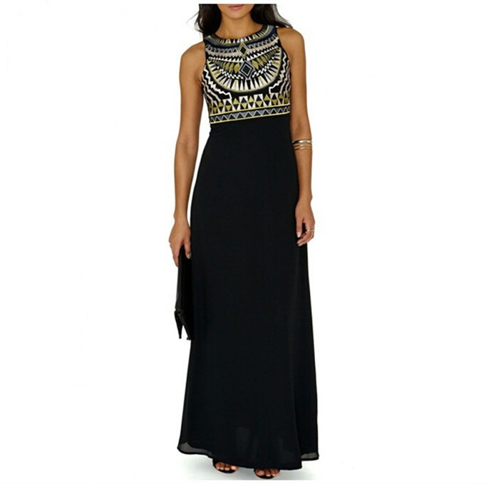 F2445-1 Ethnic Print Fashionable Round Collar Sleeveless Maxi Dress For Women